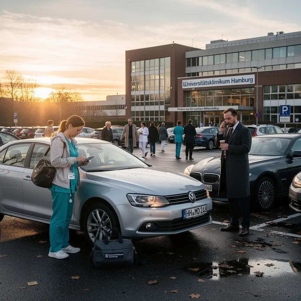 Ein Auto auf einer deutschen Autobahn mit einem Schild für Kfz-Versicherung im Hintergrund.